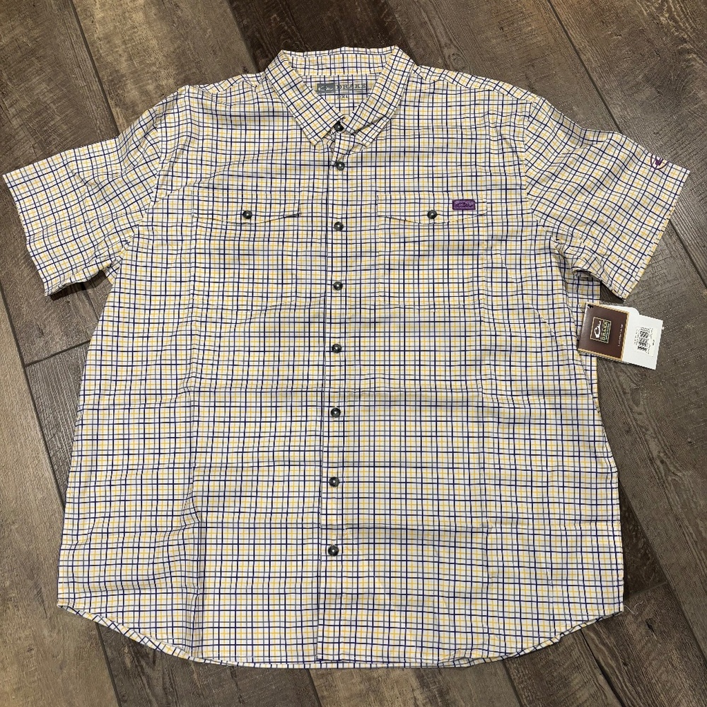 Drake Yellow and Dark Purple/Blue Short Sleeve Button Down XXL (New with Tags)